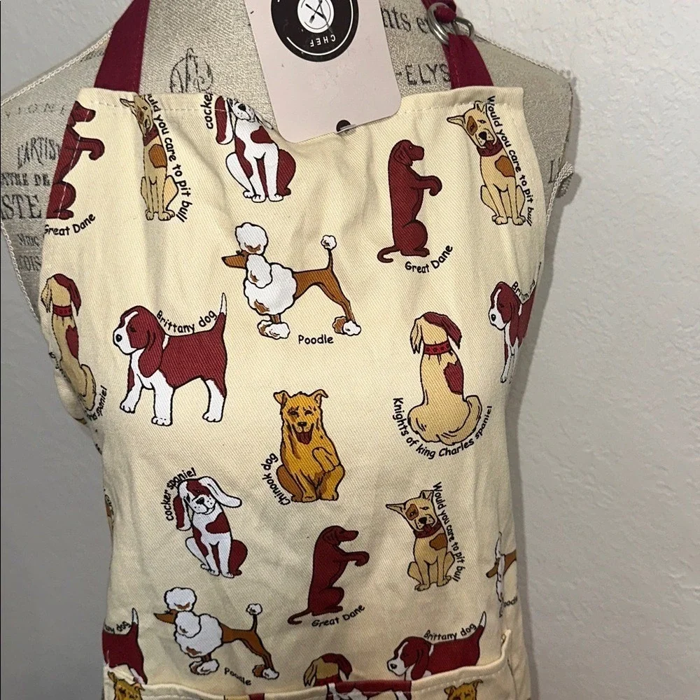 Chef Central Canines Full Apron Cotton Dog Breed Print Cream Burgundy New